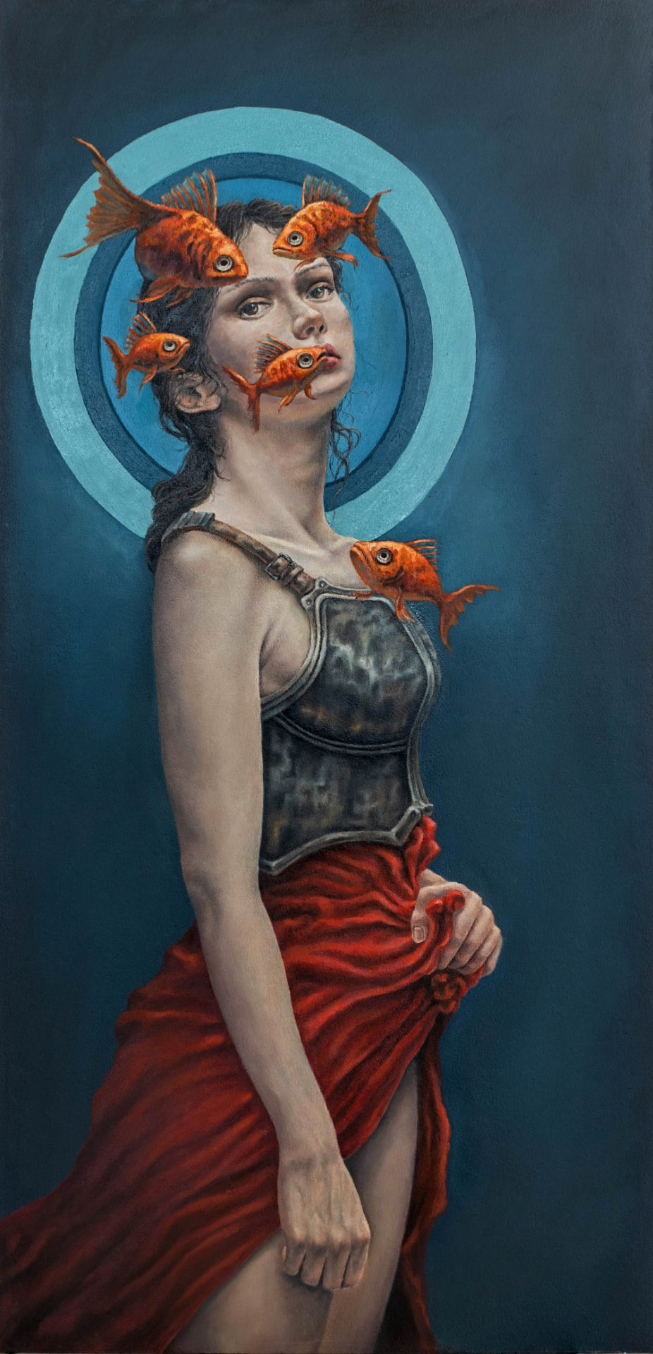 Mujer rodeada de peces naranjas, obra original de Mazuerart